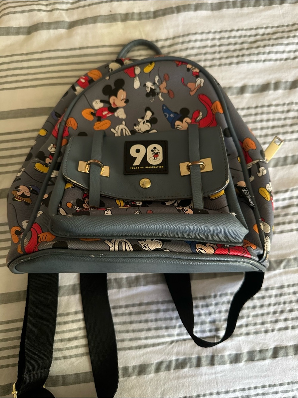 Disney Gray Mickey Mouse 90th Anniversary Mini Backpack with Colorful Prints